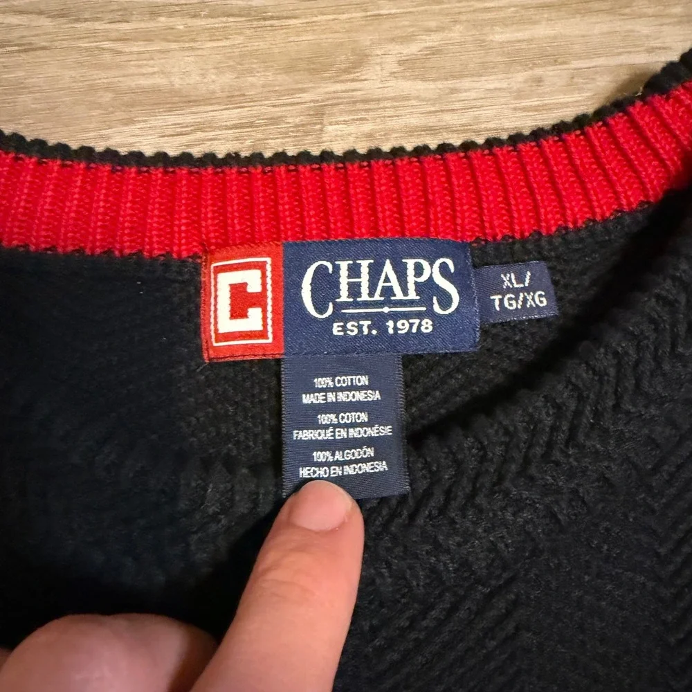 Chaps Mens XL Black Herringbone Textured Cotton Crewneck Sweater Red Trim Logo